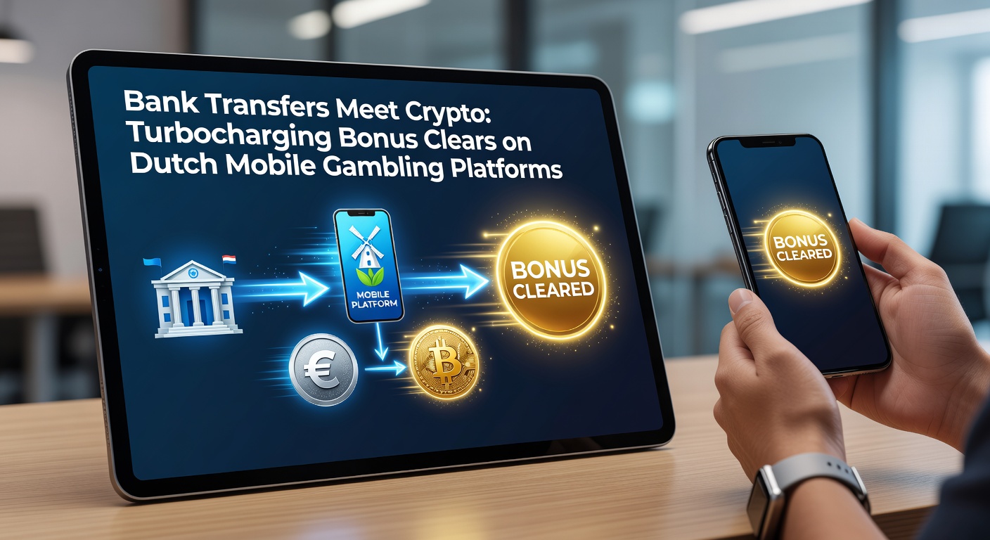Grafiek die bankoverschrijvingen en cryptocurrency combineert op een mobiel scherm van een Nederlands online casino, met pijlen die snelheid en bonusprogressie tonen