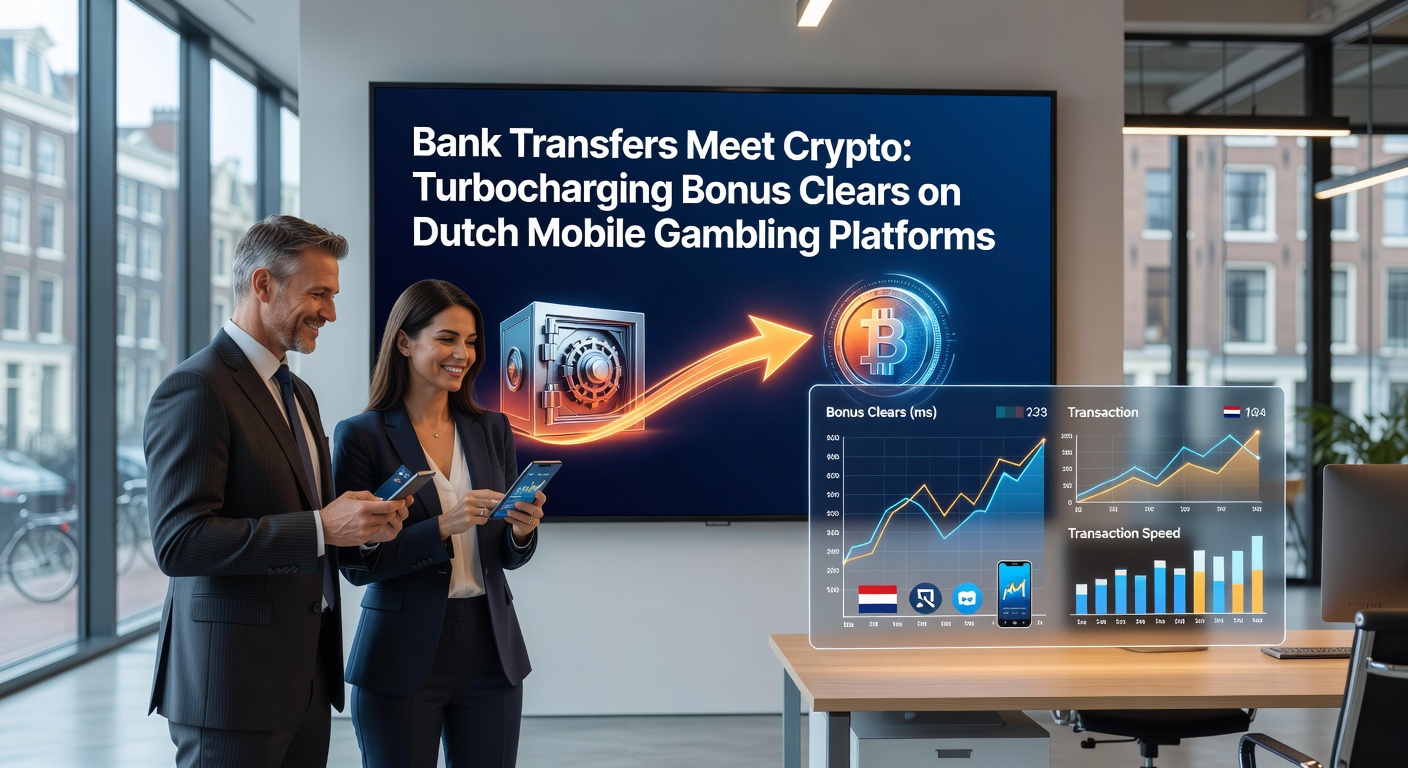 Mobiel scherm van een Nederlands casino-app met bankoverschrijving en crypto-opties naast een bonusvoortgangsbalk, illustrerend snelle transacties en wagering