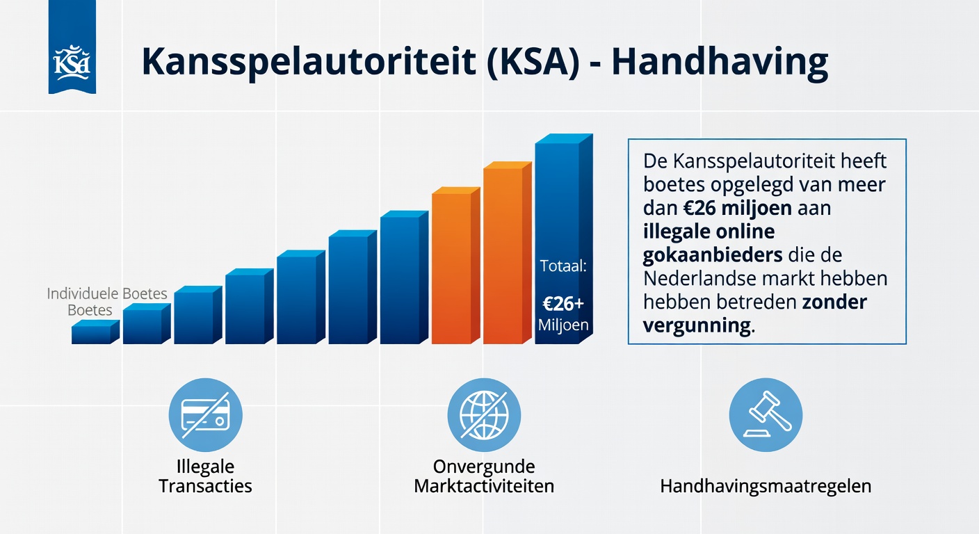 Grafische weergave van boetebedragen en geblokkeerde gokwebsites, met Nederlandse vlag en KSA-embleem