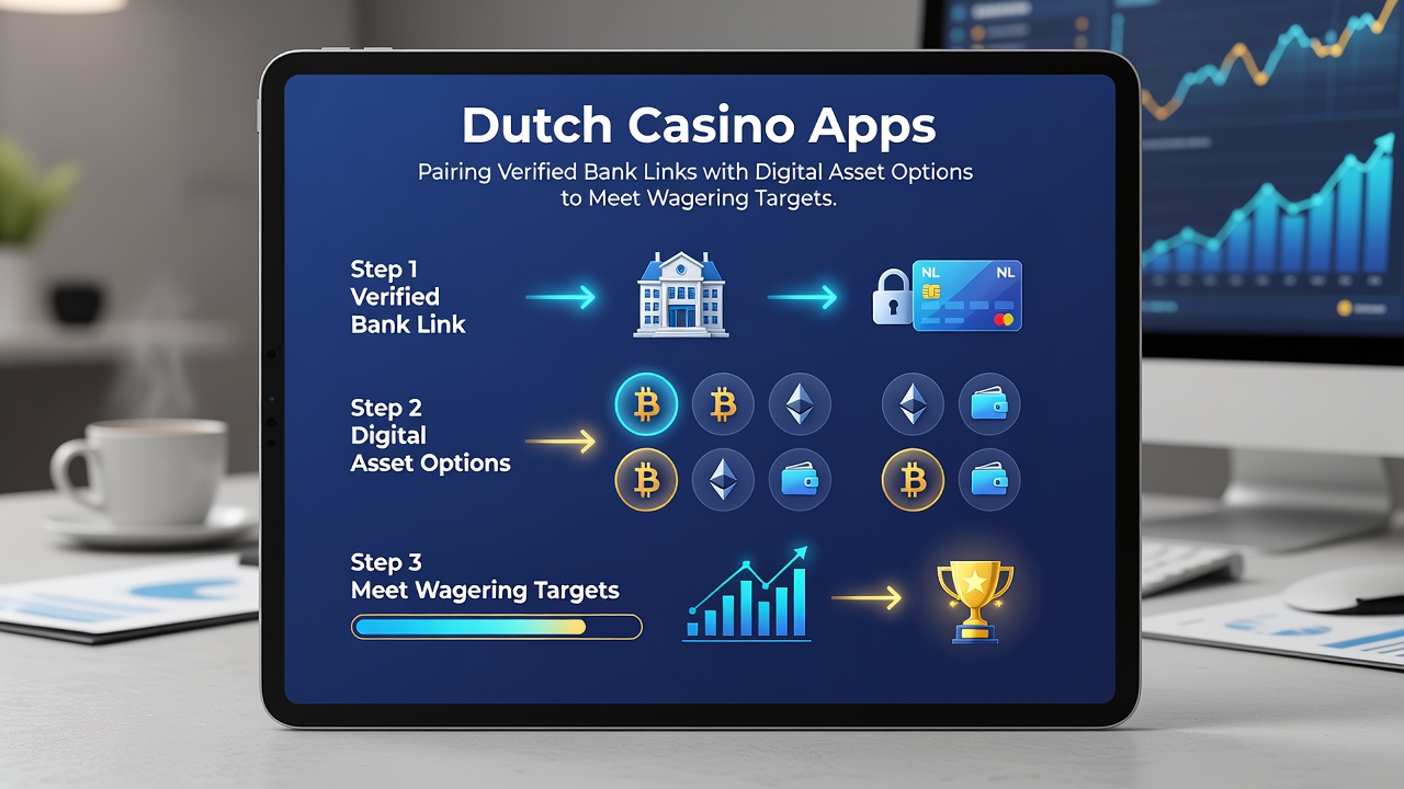 Gebruikersinterface van een Nederlandse casino-app met overzicht van bank- en crypto-transacties
