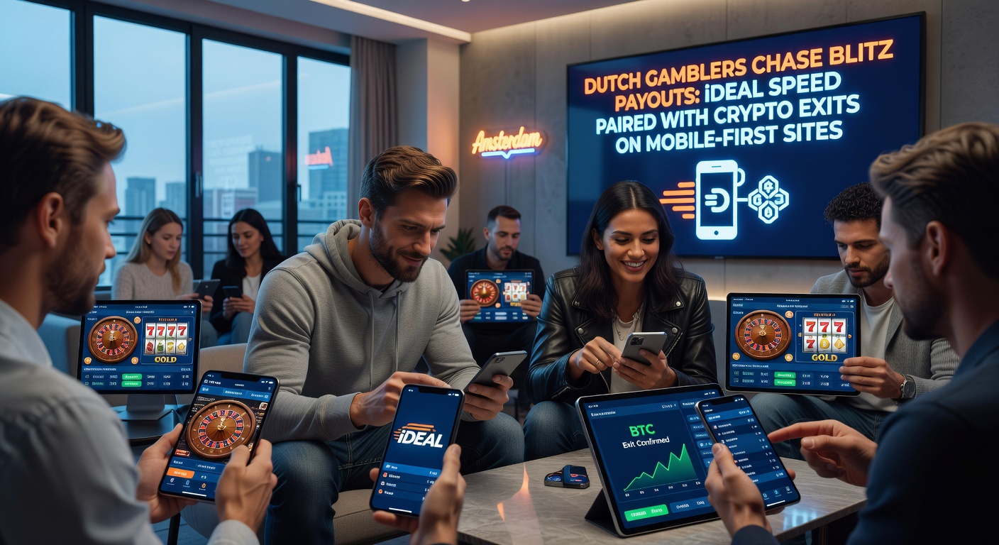 Nederlandse gokkers op mobiele casino-apps, met iDEAL-deposit en crypto-uitbetalingsschermen zichtbaar
