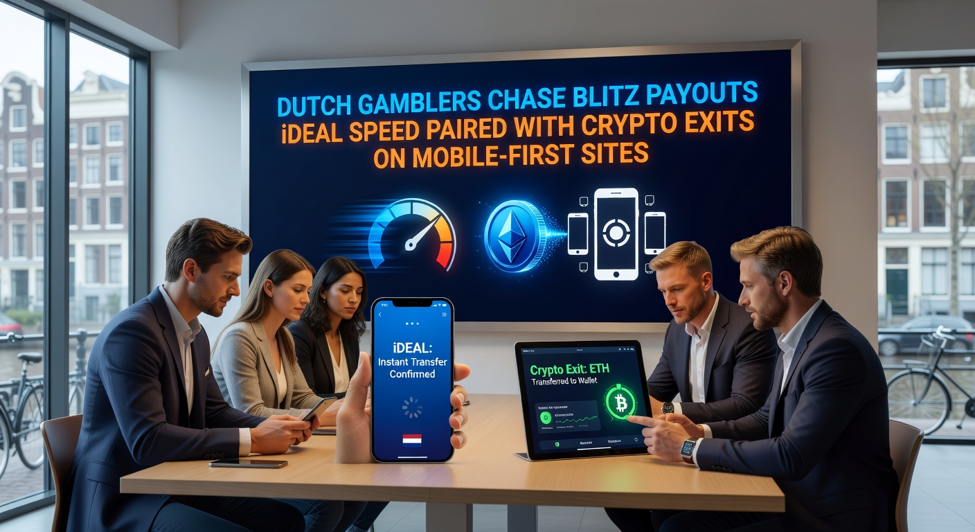 Schermafbeelding van een mobiel casino met iDEAL-storting en crypto-uitbetalingsopties, inclusief bonusprogressiebar