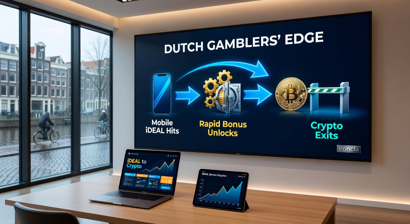 Grafiek met pijlen van iDEAL deposit naar crypto withdrawal op een beveiligd casino dashboard, met sloten voor security