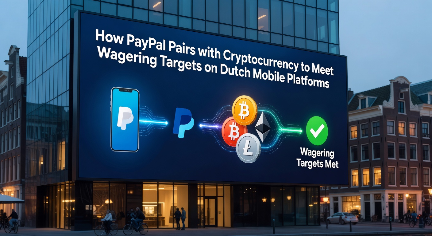 Illustratie van PayPal en cryptocurrency integratie op Nederlandse mobiele gokapps met focus op snelle transacties en inzetvereisten