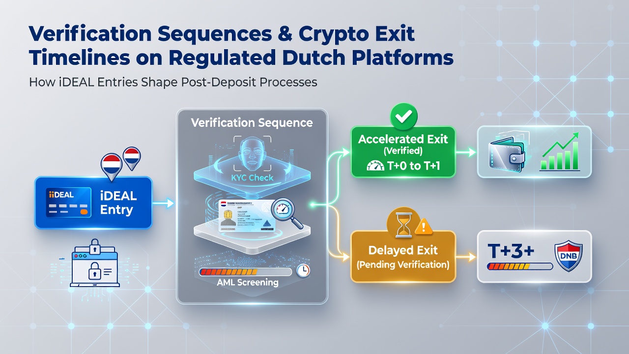 Illustratie van verificatieprocessen bij iDEAL-stortingen en crypto-uitbetalingen op Nederlandse platforms