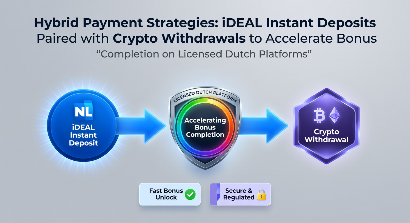 Grafiek die iDEAL-stortingen en crypto-opnames illustreert op een Nederlands casino-platform, met pijlen die de snelle cyclus van geldstromen tonen