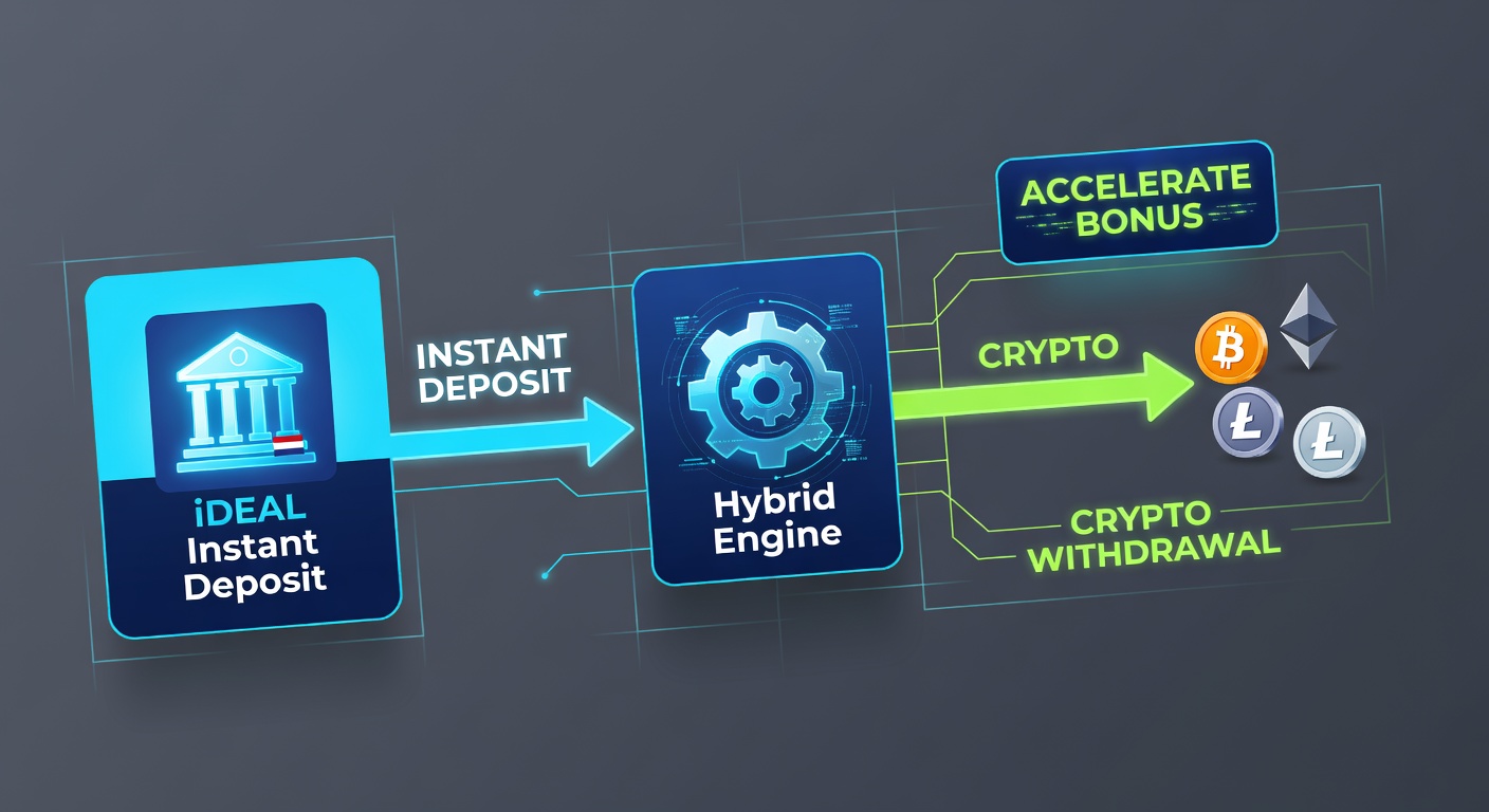 Voorbeeld van een hybride betaalcyclus op een mobiel scherm, met iDEAL-storting en crypto-uitbetaling naast een bonusmeter die vordert