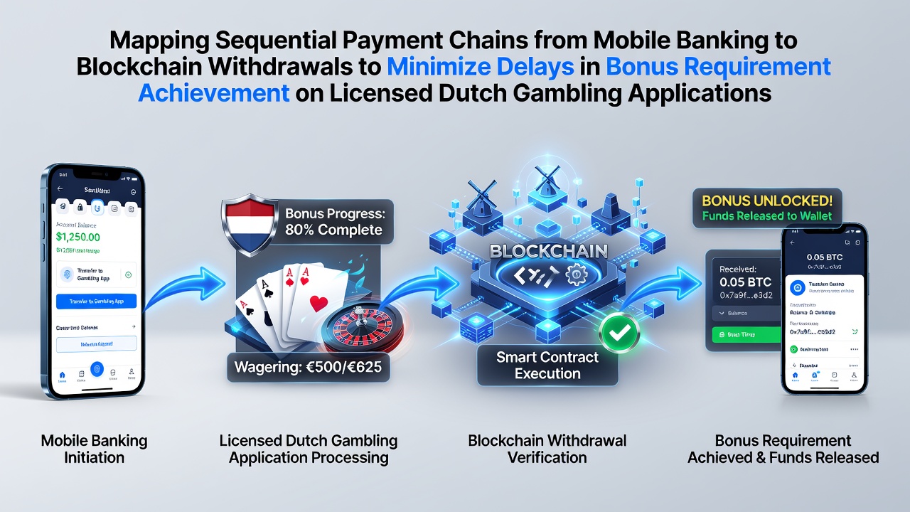 Illustratie van betalingsketens van mobiel bankieren naar blockchain opnames in Nederlandse gokapps
