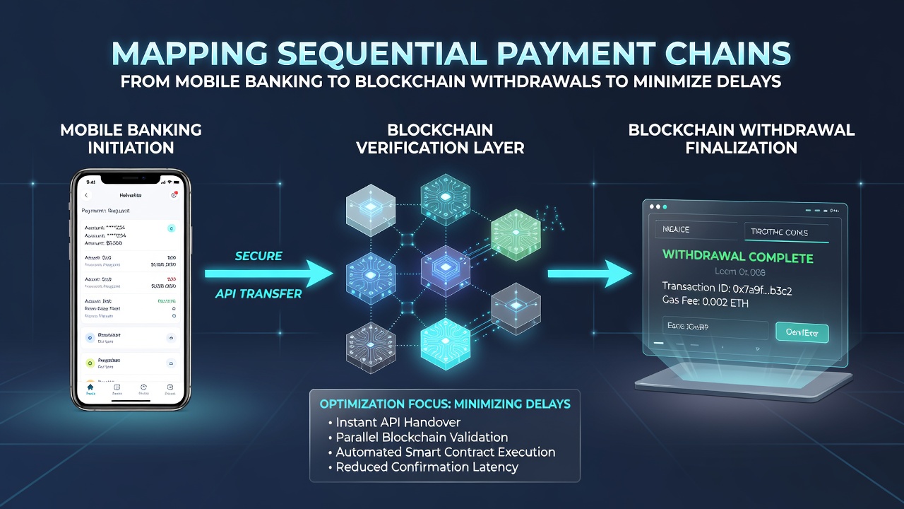 Diagram van optimale betalingssequentie met mobiel bankieren en blockchain in Nederlandse context