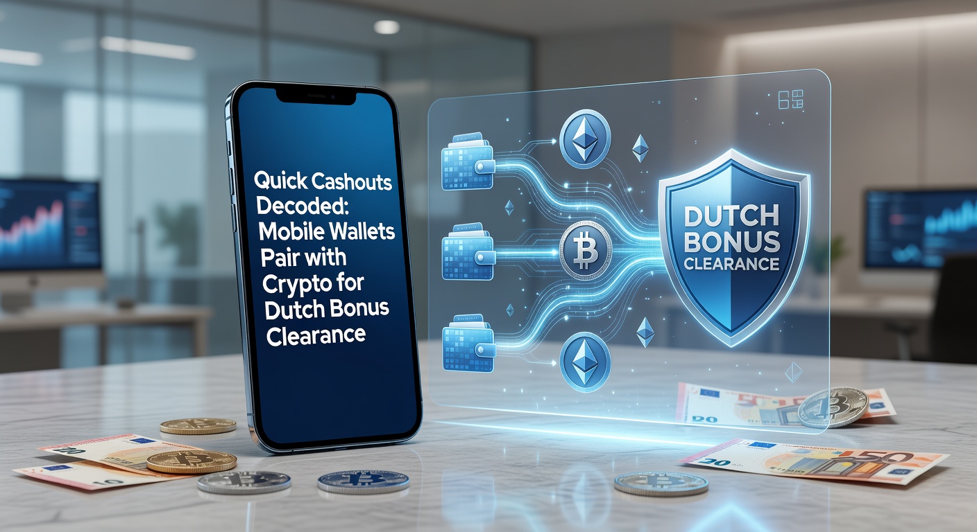 Smartphone met mobiele wallet en crypto-symbolen op een casino-achtergrond, illustrerend snelle transacties voor bonusclearing