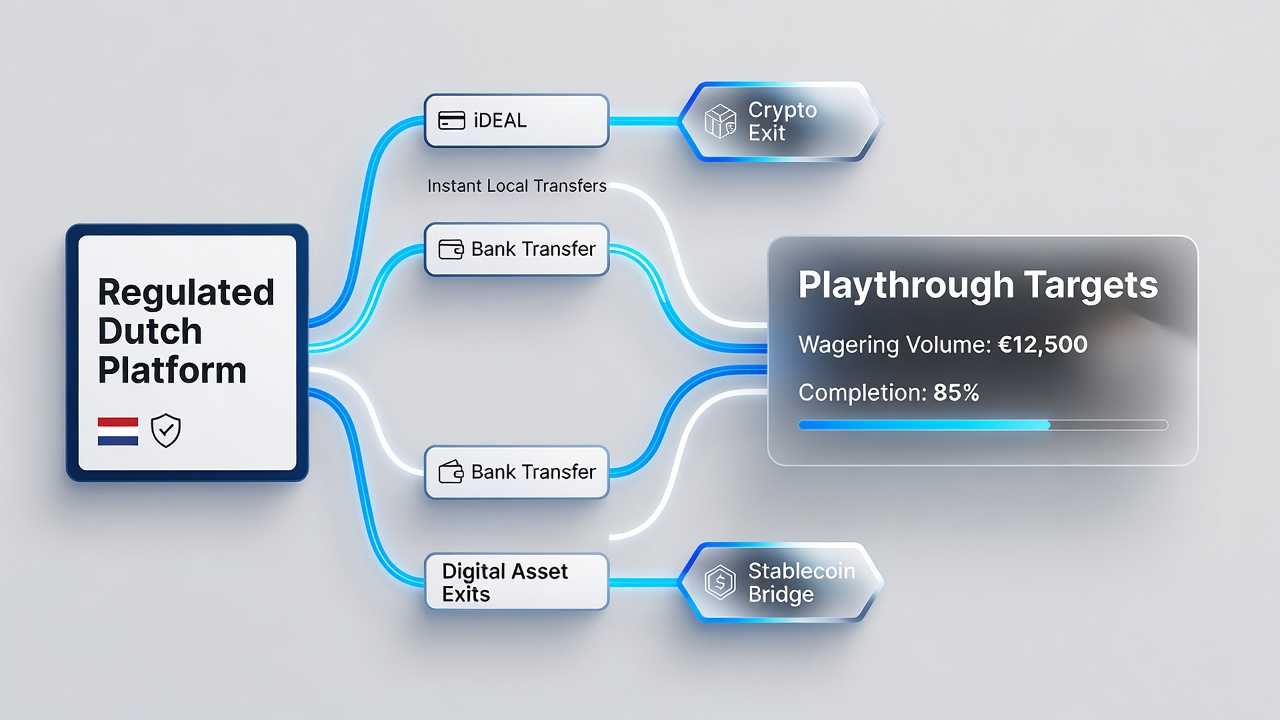 Illustratie van gelaagde betalingsstromen met lokale transfers en digitale asset exits op Nederlandse platforms